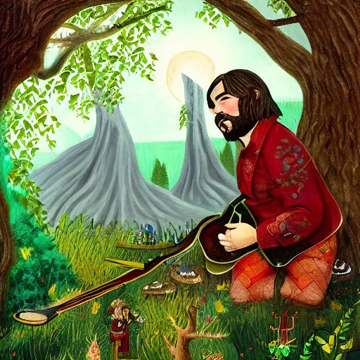 Image similar to Matt berry in a medeival fairy forest painting as a bard woodsman