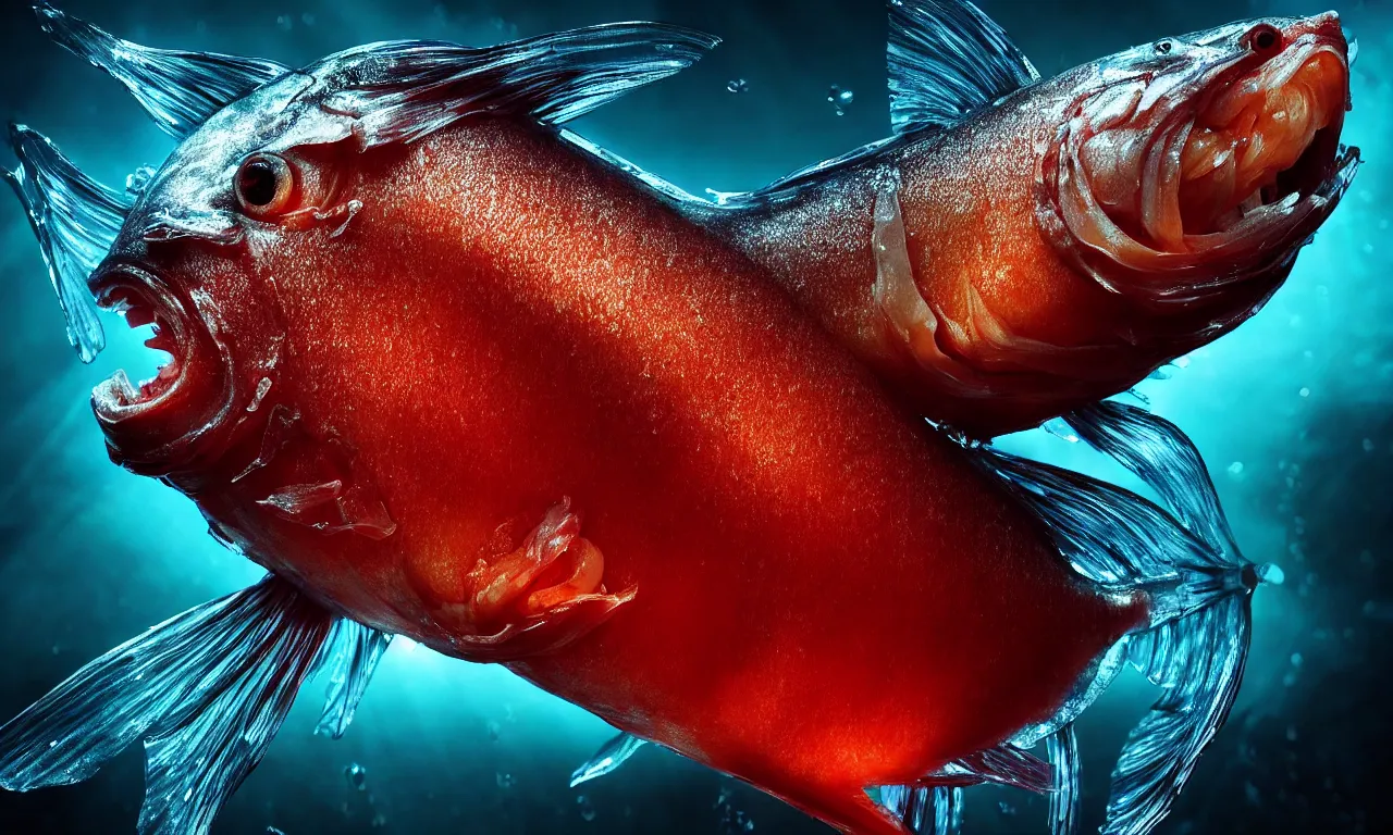 Prompt: cool poster with wet translucent fish with complex inner organs under microscope, volumetric lighting, subsurface scattering, dramatic lighting, high detail, from new scifi by digital domain and weta digital, strong ambient occlusion, superdetail, matrix movie color grading
