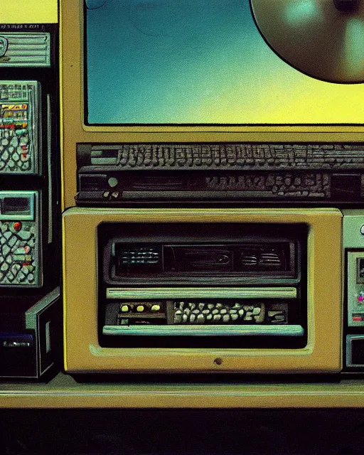 Image similar to a monitor amongst 8 0 s era technology, vintage shapes, retro technology, vintage color, wayne barlow, oil on canvas, deep depth of field, masterpiece, cinematic composition, hyperdetailed
