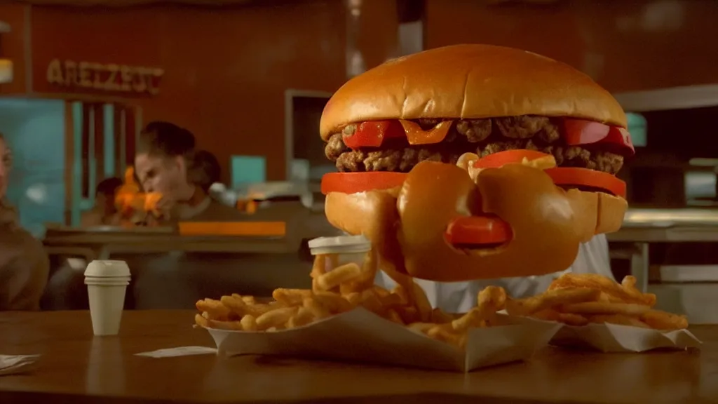 Prompt: the garbly cheeseburger creature at the fast food place, film still from the movie directed by denis villeneuve and david cronenberg with art direction by salvador dali and zdzisław beksinski, wide lens