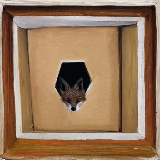 Image similar to a fox hiding inside a box, painting