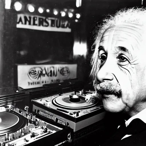 Image similar to photo of Albert Einstein DJing a record player at a nightclub, vintage, highly detailed facial features, at a nightclub