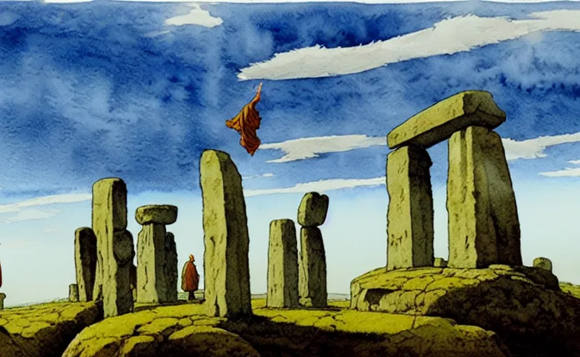 Prompt: a hyperrealist watercolour concept art of a group of colorless medieval monks levitating a huge flat rock in the air over their head. a large stonehenge moneument is in the sky. by rebecca guay, michael kaluta, charles vess and jean moebius giraud. high detail, hq, wide shot