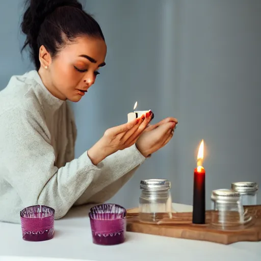 Prompt: portrait of yogawoman making homemade candles, photoshot, hyper detailed, 8k,