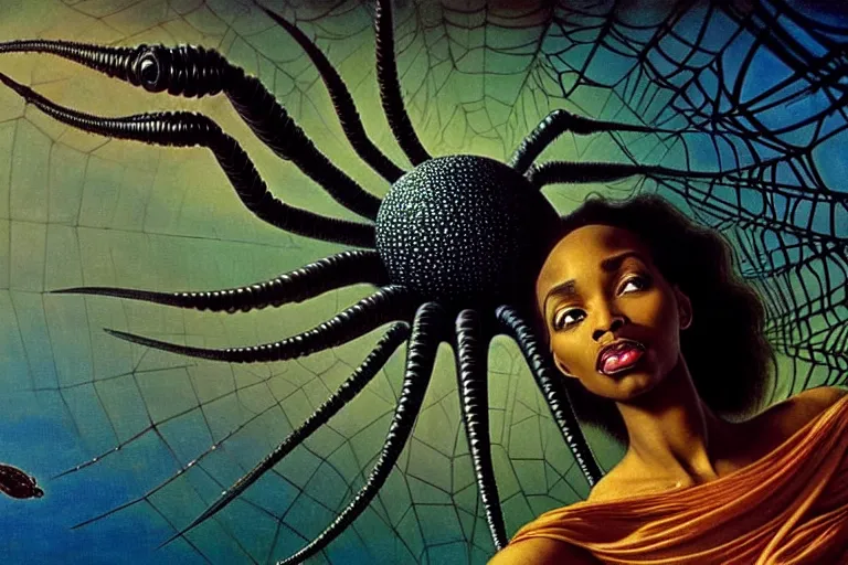 Prompt: realistic detailed closeup portrait movie shot of a beautiful black woman dancing with a giant spider, futuristic sci fi landscape background by denis villeneuve, jean deville, amano, yves tanguy, ernst haeckel, alphonse mucha, max ernst, caravaggio, roger dean, sci - fi necklace, fashion, masterpiece, rich moody colours