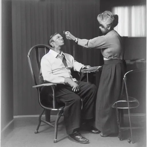 Image similar to a man sitting on a chair having his blood pressure measured by a nurse, color photograph