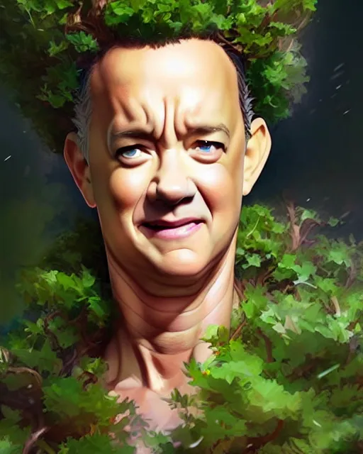 Image similar to character concept art of tom hanks as an anime dryad | cute - fine face, pretty face, realistic shaded perfect face, fine details by stanley artgerm lau, wlop, rossdraws, james jean, andrei riabovitchev, marc simonetti, and sakimichan, tranding on artstation