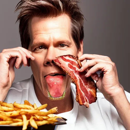 Prompt: kevin bacon profile portrait eating bacon burger soda fries, award winning food photography