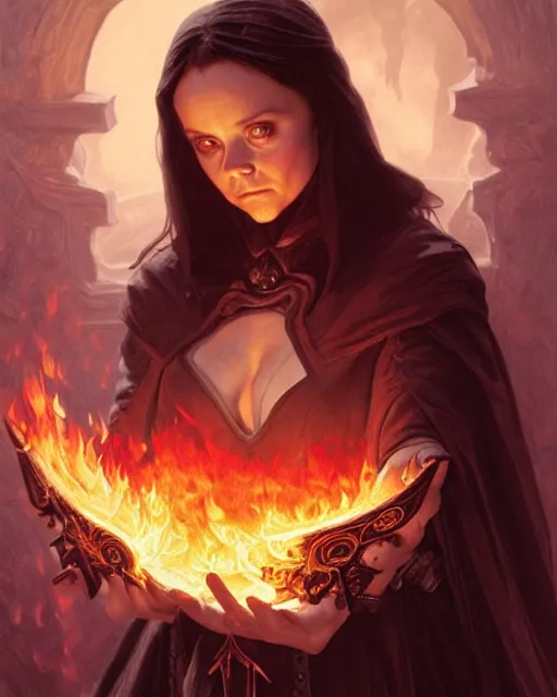 Prompt: Christina Ricci from Sleepy Hollow (1999) casting a fire spell, D&D, fantasy, intricate, elegant, highly detailed, digital painting, artstation, concept art, matte, sharp focus, illustration, hearthstone, art by Artgerm and Greg Rutkowski and Alphonse Mucha