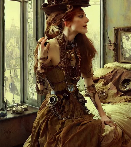 Prompt: woman model, intricate steampunk clothes, in a bedroom!!!!!!!!!!!!!!!!!!!!, modern, elegant, highly detailed, digital painting, artstation, concept art, smooth, sharp focus, illustration, art by krenz cushart and artem demura and alphonse mucha