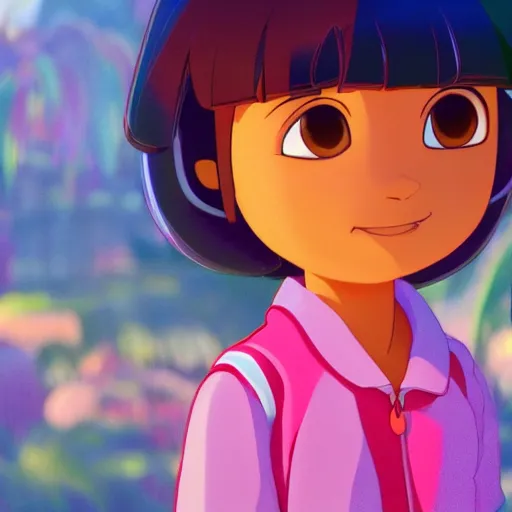 Prompt: ⁠portrait of Dora the Explorer, office cubicle background, rich vivid colors, ambient lighting, dynamic lighting, 4k, HQ, official media, makoto shinkai, detailed, still from pixar's Up movie,trending on artstation