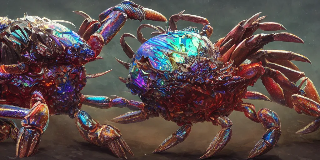 Image similar to Iridescent crab seamonster, character design sheet, Monster Hunter Illustrations art book, diamond sharp claws, huge arms, iridescent shards on its back, Moebius, Greg Rutkowski, Zabrocki, Karlkka, Jayison Devadas, Phuoc Quan, trending on Artstation, 8K, ultra wide angle, zenith view, pincushion lens effect.