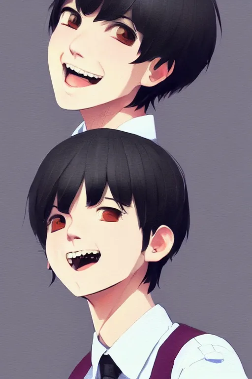 Image similar to a headshot of a very happy yoongi gummy smile - short black hair wearing male school uniform, sharp focus, illustration, morandi color scheme, art station, high detailed, by ilya kuvshinov