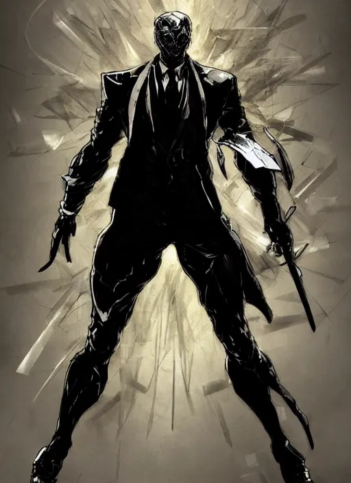 Image similar to Full body portrait of a god of intellect, a man in a tuxedo wearing a shattered mirror mask. In style of Yoji Shinkawa and Hyung-tae Kim, trending on ArtStation, dark fantasy, great composition, concept art, highly detailed, dynamic pose.