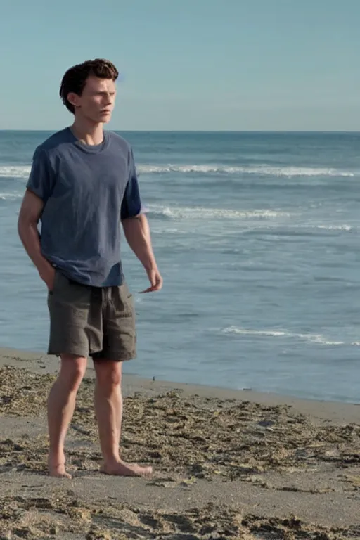 Prompt: telephoto of tom holland on a beach in a movie directed by chirstopher nolan movie still frame, promotional image, imax 7 0 mm footage
