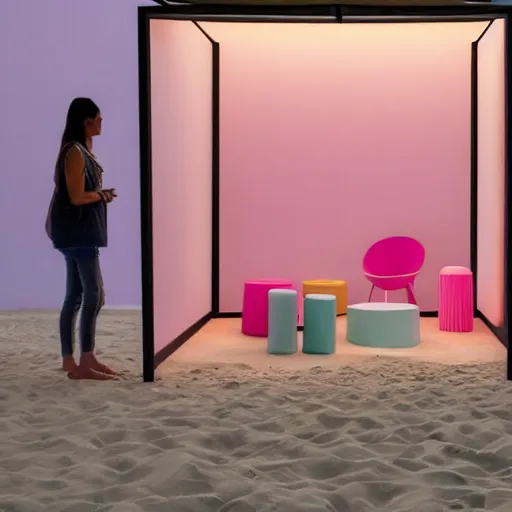 Image similar to An ultra high definition, professional photograph of an outdoor partial IKEA showroom inspired sculpture located on a pastel pink beach ((with pastel pink, dimpled sand where every item is pastel pink. )) The sun can be seen rising through a window in the showroom. The showroom unit is outdoors and the floor is made of dimpled sand. Morning time indirect lighting with on location production lighting on the showroom. In the style of wallpaper magazine, Wes Anderson.