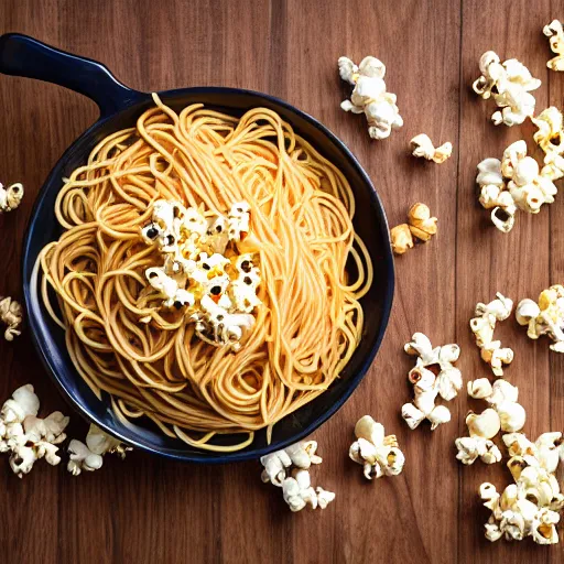 Prompt: spaghetti with popcorn, studio photography