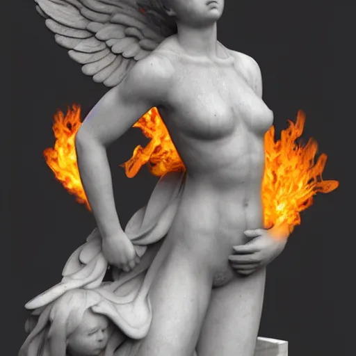 Prompt: marble angel statue with puffed cheeks breathing fire, artstation, cgsociety