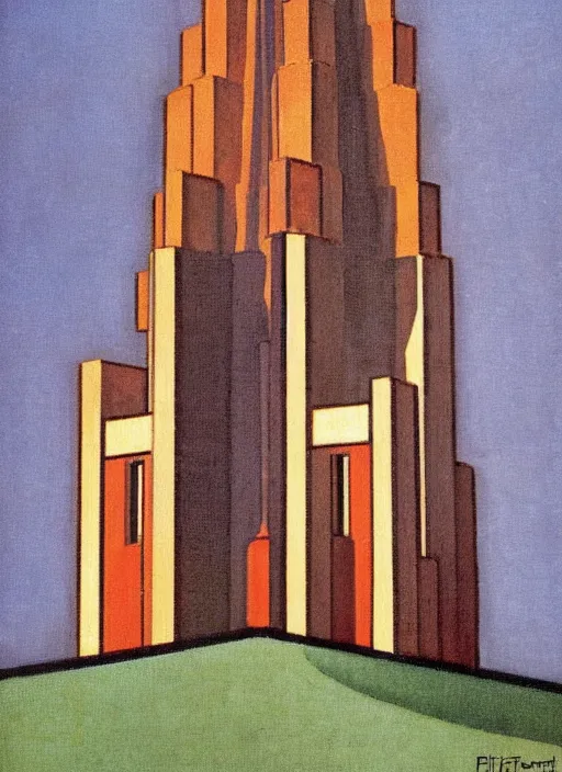 Image similar to isometric artdeco cathedral by frank lloyd wright, isometric, painted by piet mondrian