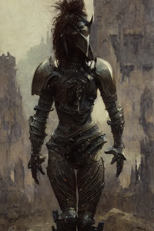 Image similar to short muscular stoya wearing black medieval armour, bare legs, detailed, by gaston bussiere, bayard wu, greg rutkowski, giger, maxim verehin, greg rutkowski, masterpiece, sharp focus, cinematic lightning