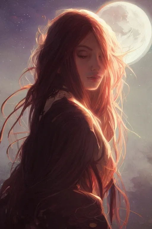 Prompt: long hair, red eyes, portrait, girl, moon night background, night, high detail, concept art, digital art, illustration, smooth, sharp focus, greg rutkowski, alphonse mucha, trending on artstation, trending on deviantart,