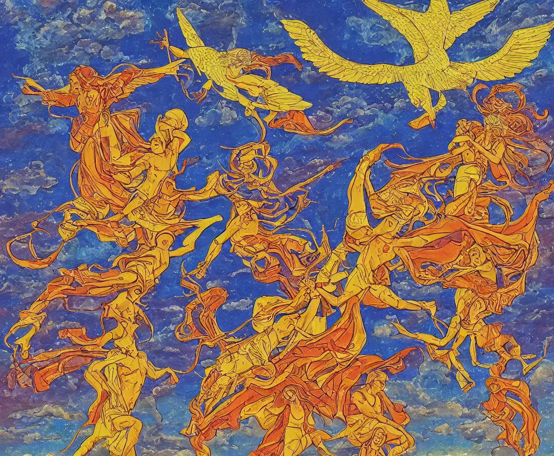 Image similar to two sacred angels fighting in the skies of seattle, gouache, stylised, by mati klarwein and moebius