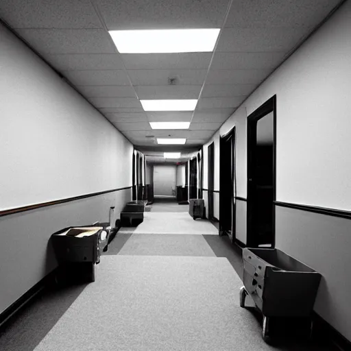 Image similar to the backrooms : weird creatures, an endless maze of randomly generated office rooms and other environments. it is characterized by the smell of moist carpet, walls with a monochromatic tone of dirty off - white, 1 9 8 0's style carpeted walls and buzzing fluorescent lights % 5 0 working, general sense of run down and a abandonment, pee stains on walls