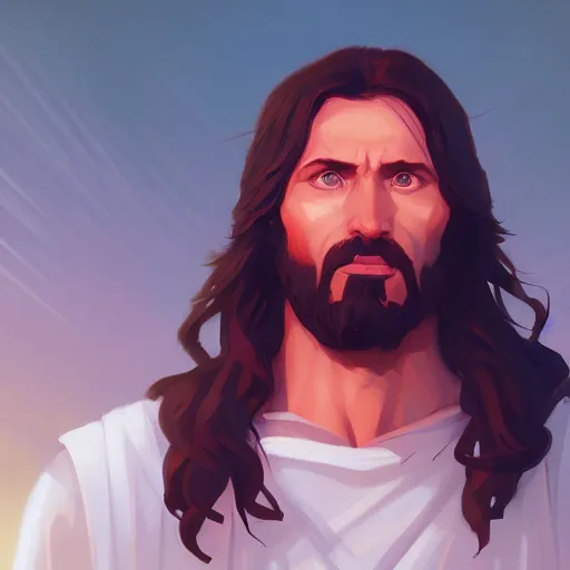 Prompt: Portrait of Jesus Christ, mattepainting concept Blizzard pixar maya engine on stylized background splash comics global illumination lighting artstation lois van baarle, ilya kuvshinov, rossdraws