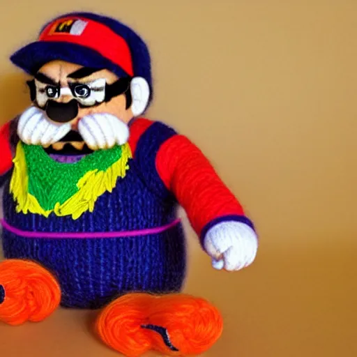 Prompt: a doll of wario made out of yarn