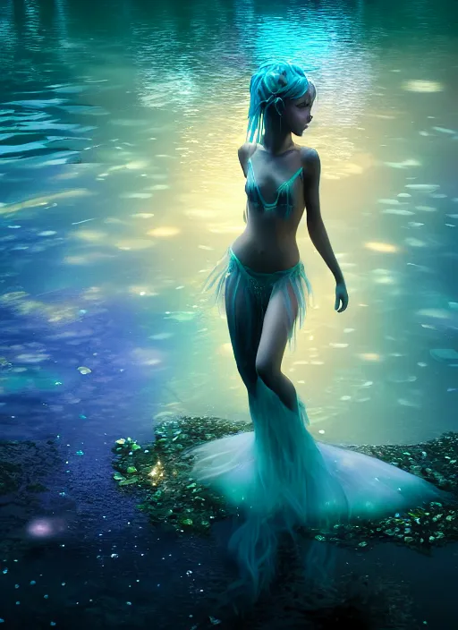 Image similar to beautiful water nymph, wearing magical dress, playing in a bioluminescent lagoon, magical moon shines overhead, floating lanterns emit warm glow, cinematic shot in the style of final fantasy, cinematic lighting, hyperdetailed, 8 k realistic, symmetrical, global illumination, mysterious light,, dof, trending on artstation, digital art, chanel