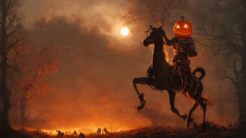 Image similar to a colonial rider!!!! with jack - o - lantern head on lone rampant!!! ( ( black horse ) ) with fiery eyes, background gnarled trees and large supermoon, in the styles of greg rutkowski, keith parkinson, and john quidor, intricate, detailed, volumetric lighting