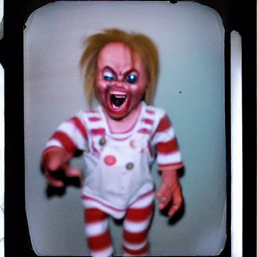 Prompt: screaming chucky doll at bottom of dark ocean expired film polaroid