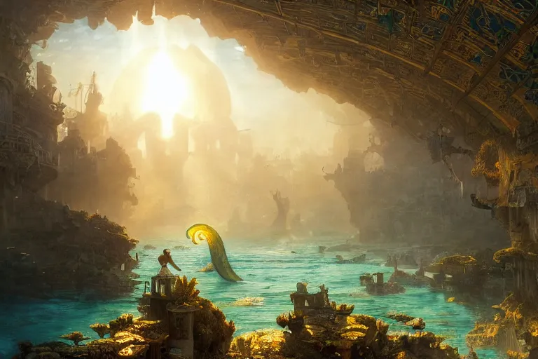 Image similar to a scenic landscaping view of the lost and abandoned city of Atlantic under water, ray of sunlight, mermaids in distance, Greg Rutkowski, Moebius, Mohrbacher, Mucha, blue and gold color scheme, ultra wide angle, light effect