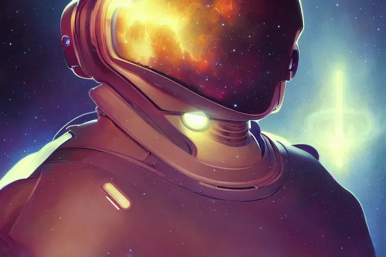 Prompt: Portrait of a Futuristic astronaut reflective visor mirror spacesuit reflecting a nebula supernova in space, portrait, elegant, intricate, digital painting, artstation, concept art, smooth, sharp focus, illustration, art by artgerm and greg rutkowski and alphonse mucha