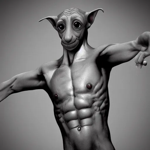 Image similar to Dobby is a jacked muscle builder gigachad, grayscale photography