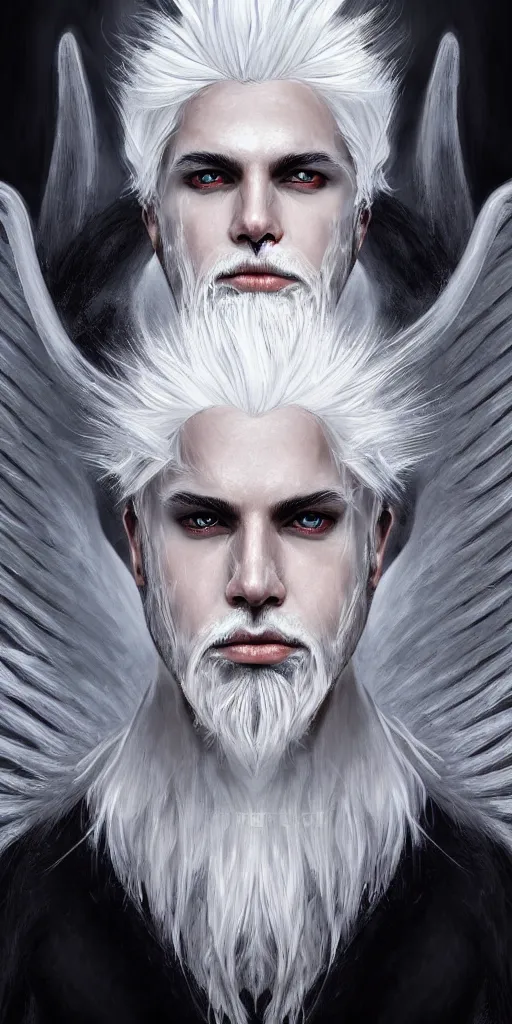 Image similar to portrait of symmetric detailed terrifying male - angel with white hair with detailed white wings flying in black smoke, ultra realistic, epic, highly detailed, hd, sharp focus, cinematic lighting, realistic, vivid colors, gritty, matt painting, digital art, non blurry, sharp, artstation, concept art, smooth, illustration.