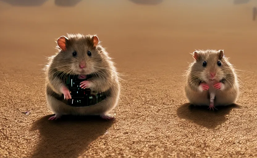 Prompt: hamster as luke skywalker, movie still, star wars, cinematic, sharp focus, cinematic grain, cinematic lighting, 8 k