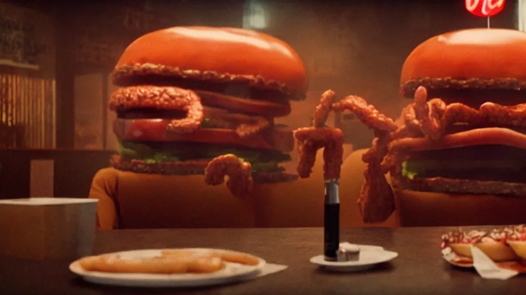 Prompt: the strange burger creature at the fast food place, film still from the movie directed by denis villeneuve and david cronenberg with art direction by salvador dali and zdzisław beksinski, wide lens