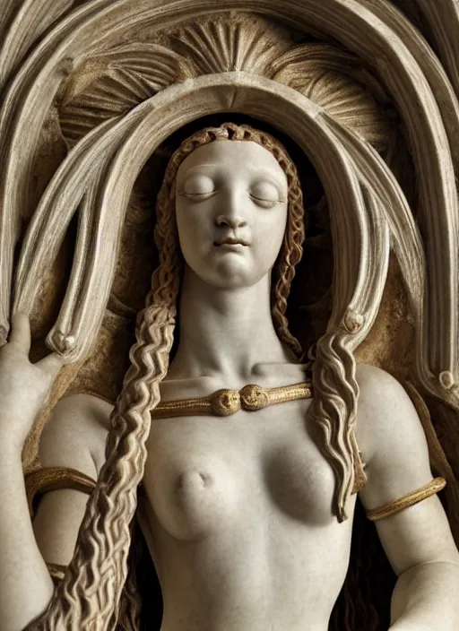 Image similar to medieval female guardian, elegant, filigree renaissance sculpture from marble and fur, brilliant symmetry, created by verrocchio andrea, leonardo da vinci, sandro botticelli, raffaelle monti, epic 7 0 mm lens shot, artstation trending, photorealism, sharp focus, smooth, establishing shot, sense of awe