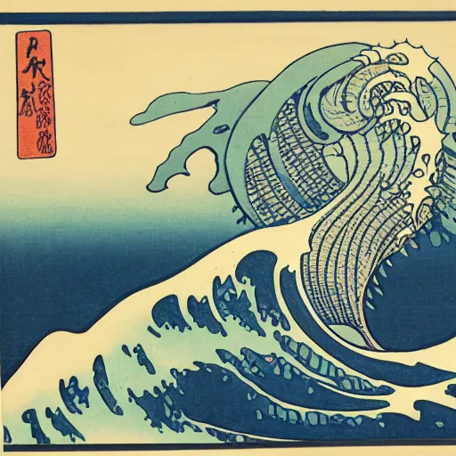 Image similar to whale about to swallow a swimming man, woodblock print, style of hokusai, fine art, style of the great wave off kanagawa, painting