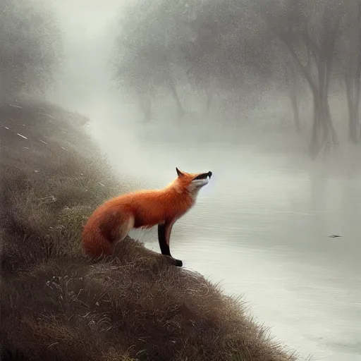 Image similar to a fox swimming in a river the background is a huge lake the fox is scared and swimming for his life the weather is raining and foggy by greg rutkowski