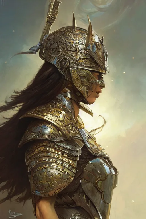 Prompt: closeup portrait of a beautiful mysterious woman warrior wearing an armour costume and helmet, profile view, fantasy, regal, intricate, by stanley artgerm lau, greg rutkowski, thomas kinkade, alphonse mucha, loish, norman rockwell