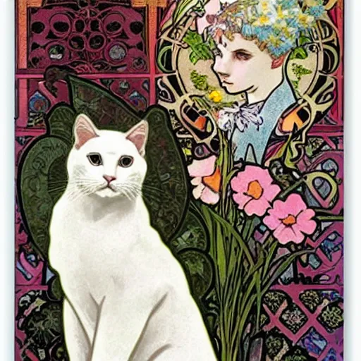 Image similar to bust of white short haired cat, surrounded by flowers, Alphonse mucha, art nouveau, poster art, beautiful art nouveau advertisement