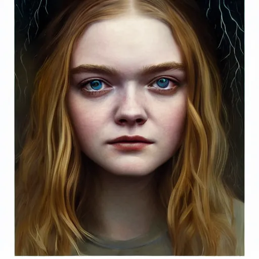 Image similar to professional painting of Elle Fanning in the style of Andrea Kowch, head and shoulders portrait, symmetrical facial features, smooth, sharp focus, illustration, intricate, stormy weather, extremely detailed masterpiece,