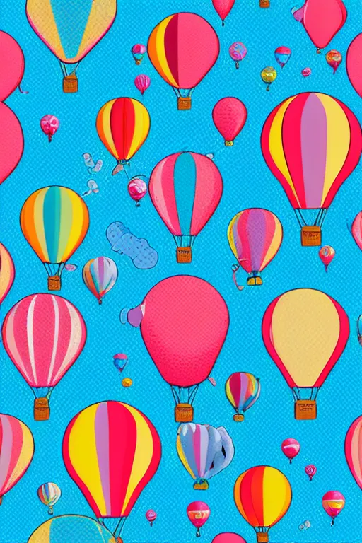 Image similar to repeating seamless retro pixel pattern of hot air balloons in beautiful sky, colourful, symmetrical, repeating 35mm photography, ultra fine detail, 4k high definition, bold