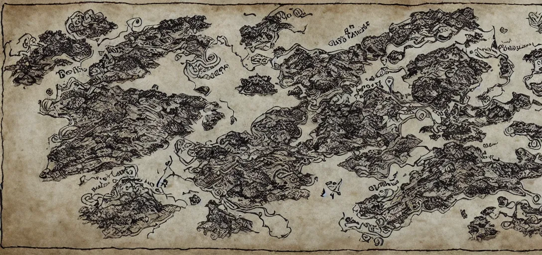 Prompt: fantasy map of an ancient land drawn in ink on old parchment in the style of JRR Tolkien and Brian Froud