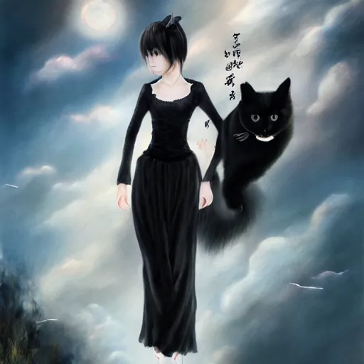 Image similar to style of Guo Hua ,young vampire and her black cat , full body , realistic, detailed, white, light pink tonalities, beautiful collage technique including clouds, sea, wind, ornate sea background, beautiful Fantasy detailed trending on artstation, oil painting,Dramatic lighting, eterea , high quality print, fine art with subtle redshift rendering