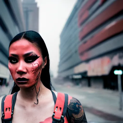 Image similar to Cinestill 50d candid photography of a city on fire, extreme wide shot of a poor techwear mixed woman wearing thick mascara and makeup crying outside of a futuristic city on fire, cyberpunk, tattoos, extreme long shot, desaturated, full shot, blurry, 4k, 8k, hd, full color