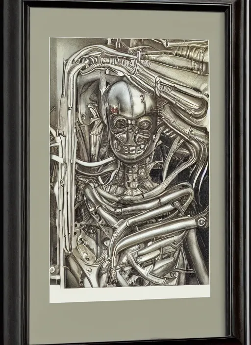 Image similar to a portrait of a mechanical president in the oval office, by h. r. giger, masterpiece, sharp focus, cinematic lightning