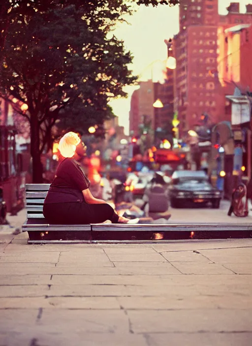 Image similar to a 35mm photograph of a woman sitting on a bench in Harlem, New York City in the 1960's at sunset, bokeh, Canon 50mm, cinematic lighting, photography, retro, film, Kodachrome, award-winning, rule of thirds, golden hour